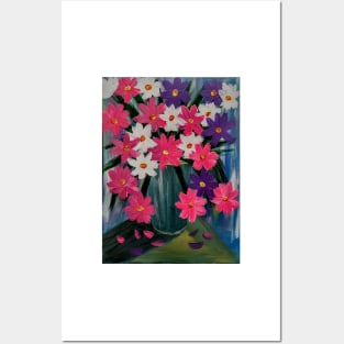 Some bright and colorful abstract flowers in a turquoise vase. Posters and Art